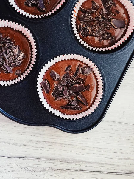Muffin Cioccolato Pastella Forma Cottura Ricetta Torte Fatte Casa Cibo — Foto Stock