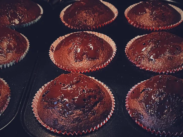 Muffin Cioccolato Forno Ricetta Torte Fatte Casa Cibo Concetto Cottura — Foto Stock
