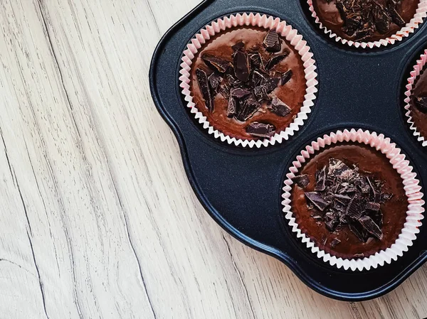 Csokoládé Muffin Tészta Sütés Formájában Házi Sütemények Recept Élelmiszer Főzés — Stock Fotó
