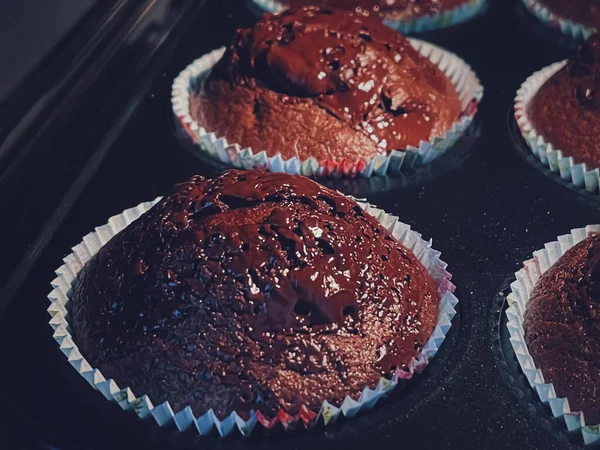 Muffin Cioccolato Forno Ricetta Torte Fatte Casa Cibo Concetto Cottura — Foto Stock