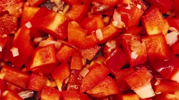 ピーマンとトマトをニンニクで調理 鋳鉄鍋で玉ねぎと有機油 トマトソースの作り方 家庭でのプロセスと食事の準備で調理 自家製レシピと快適な食品コンセプト — ストック動画