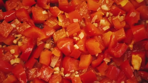 Cooking Bell Peppers Tomatoes Garlic Onion Organic Oil Cast Iron — Stock Video