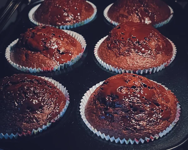 Chocolate Muffins Baking Oven Homemade Cakes Recipe Food Cooking Concept — Stock Photo, Image