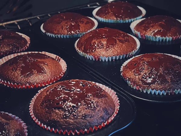 Chocolate Muffins Baking Oven Homemade Cakes Recipe Food Cooking Concept — Stock Photo, Image