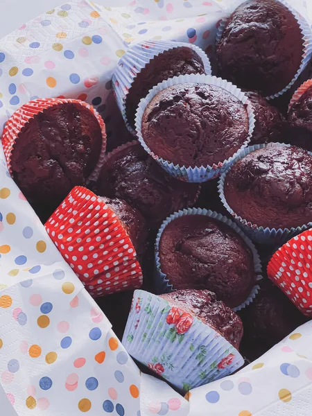 Chocolate Muffins Sweet Dessert Homemade Cakes Recipe Food Baking Concept — Stock Photo, Image