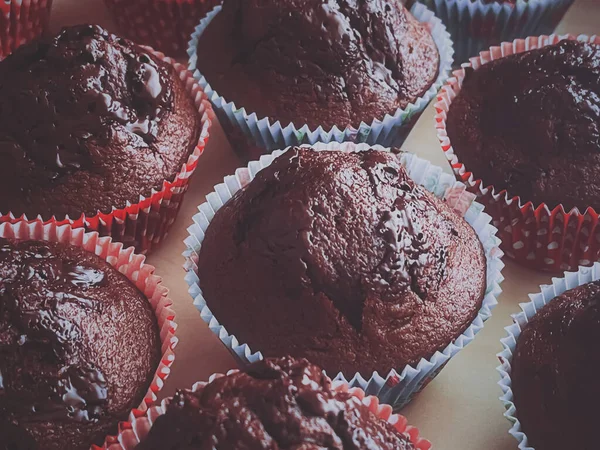 Chocolate Muffins Sweet Dessert Homemade Cakes Recipe Food Baking Concept — Stock Photo, Image