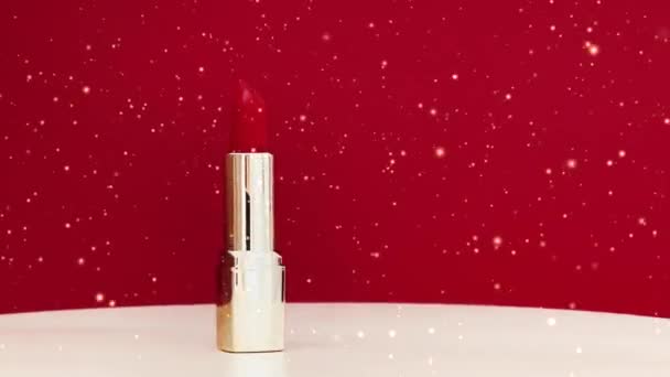Roter Lippenstift Als Luxus Kosmetikprodukt Und Goldener Glanz Make Werbung — Stockvideo