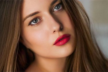 Güzellik, makyaj ve cilt kozmetik modelinin yüz portresi, kırmızı rujlu güzel bir kadın, bronz bronz tenli parlak bir kavram.