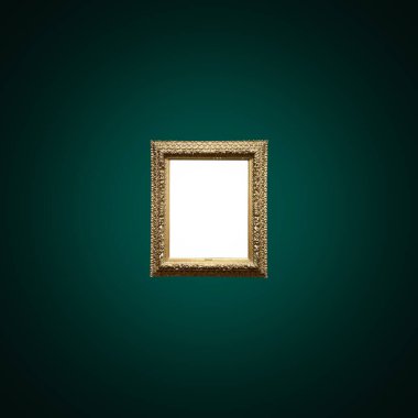 Antique art fair gallery frame on royal green wall at auction house or museum exhibition, blank template with empty white copyspace for mockup design, artwork concept