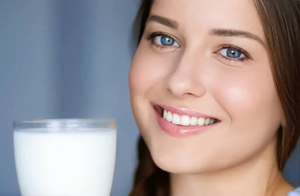 Happy Young Woman Glass Milk Protein Cocktail Healthy Drink Diet — Stock fotografie