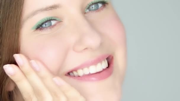 Beautiful Woman Applying Organic Cosmetic Cream Touching Her Face Facial — Stockvideo