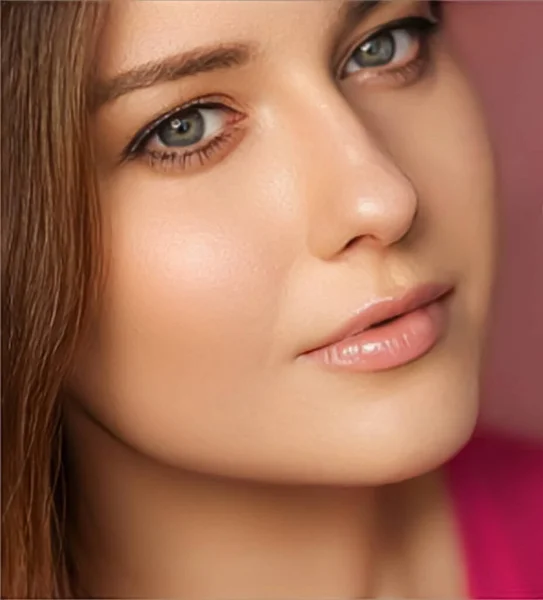 Piękno Makijaż Pielęgnacja Skóry Kosmetyki Model Portret Twarzy Różowym Tle — Zdjęcie stockowe