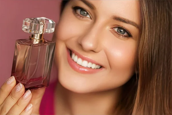 Perfume Beauty Product Cosmetics Model Face Portrait Pink Background Beautiful — Fotografie, imagine de stoc