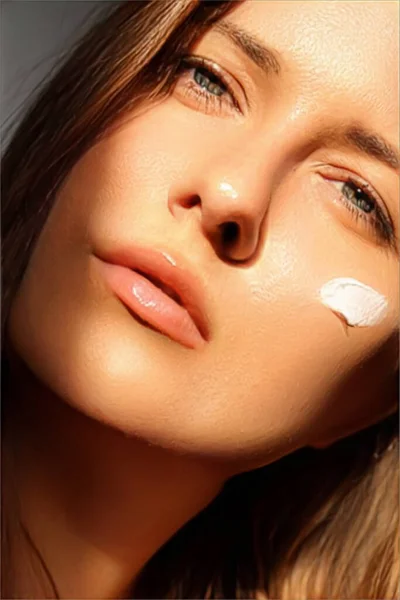Beauty Suntan Spf Skincare Cosmetics Model Face Portrait Woman Moisturising — Zdjęcie stockowe
