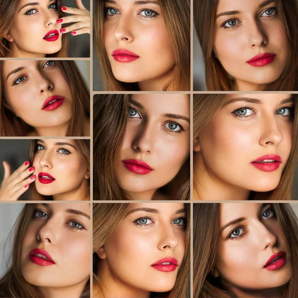 Beauty Makeup Skincare Cosmetics Collage Beautiful Woman Red Lipstick Make —  Fotos de Stock