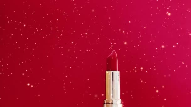 Lipstik Merah Sebagai Produk Kosmetik Mewah Dan Glitter Emas Make — Stok Video