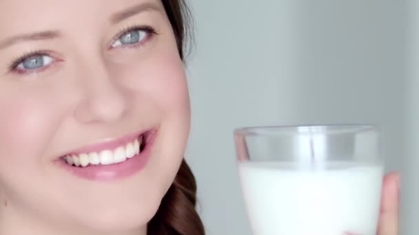Happy Young Woman Glass Milk Protein Cocktail Healthy Drink Diet — Vídeo de Stock