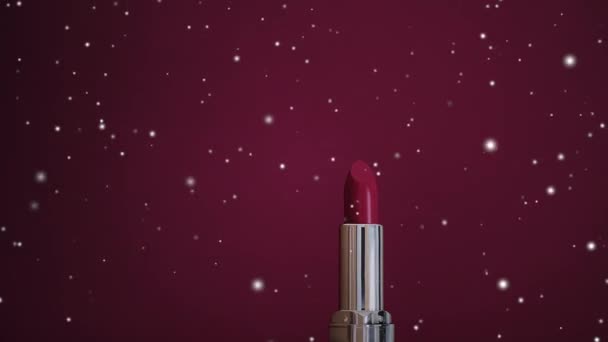 Red Lipstick Luxury Cosmetic Product Snow Christmas Time Make Snowing — Stock Video