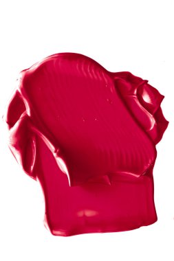 Kırmızı güzellik kumaşı, cilt bakımı ve makyaj malzemesi örnekleri beyaz arka planda izole edilmiş, makyaj lekesi, krem makyaj kremi sürme ya da boya fırçası darbesi yakın çekim