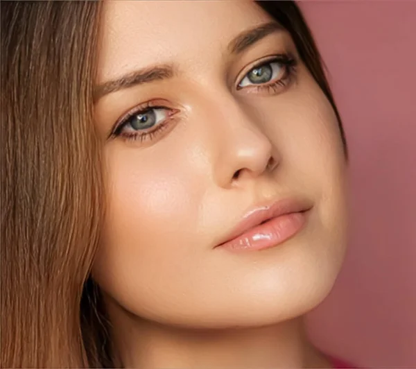 Piękno Makijaż Pielęgnacja Skóry Kosmetyki Model Portret Twarzy Różowym Tle — Zdjęcie stockowe