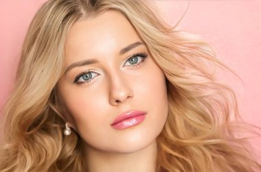 Güzel yüz portresi, uzun dalgalı sarı saç stili ve pembe arka planda parlak ruj makyajı olan güzel bir kadın, moda ve cazibe modeli makyaj, cilt estetiği ve saç bakımı arayın.