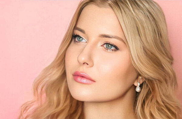 Beauty face portrait, beautiful woman with long wavy blonde hairstyle and glossy lipstick make-up on pink background, fashion and glamour model look for makeup, skincare cosmetics and hair care