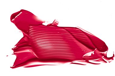 Kırmızı güzellik kumaşı, cilt bakımı ve makyaj malzemesi örnekleri beyaz arka planda izole edilmiş, makyaj lekesi, krem makyaj kremi sürme ya da boya fırçası darbesi yakın çekim