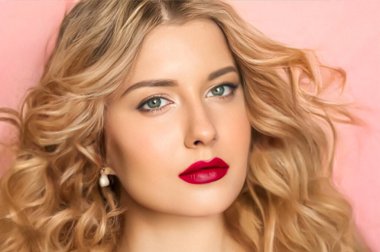Beauty face portrait, beautiful woman with long wavy blonde hairstyle and matte red lipstick make-up on pink background, fashion and glamour model look for makeup, skincare cosmetics and hair care