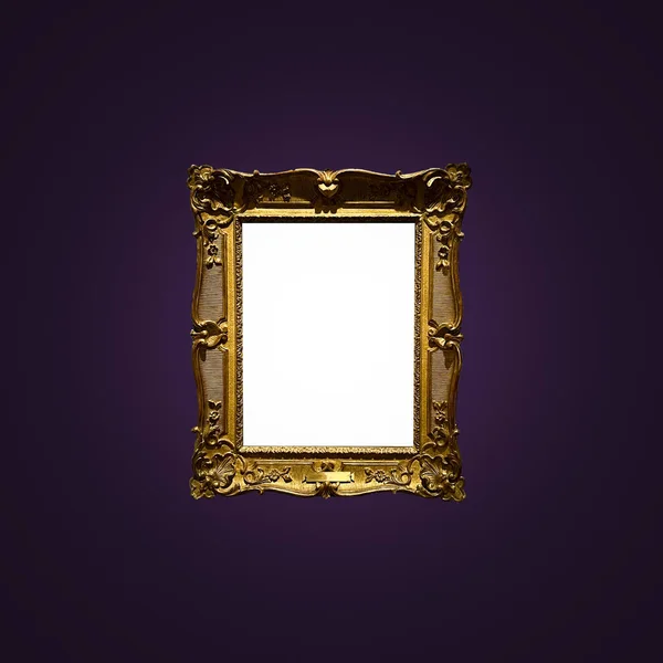 Antique art fair gallery frame on royal purple wall at auction house or museum exhibition, blank template with empty white copyspace for mockup design, artwork concept