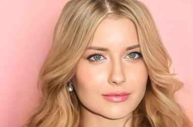 Güzel yüz portresi, uzun dalgalı sarı saç stili ve pembe arka planda parlak ruj makyajı olan güzel bir kadın, moda ve cazibe modeli makyaj, cilt estetiği ve saç bakımı arayın.