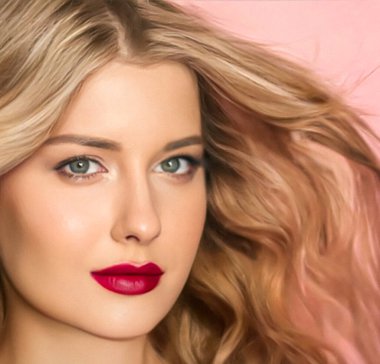 Beauty face portrait, beautiful woman with long wavy blonde hairstyle and matte red lipstick make-up on pink background, fashion and glamour model look for makeup, skincare cosmetics and hair care