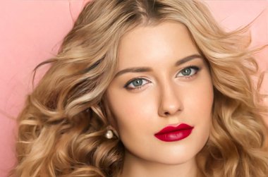 Beauty face portrait, beautiful woman with long wavy blonde hairstyle and matte red lipstick make-up on pink background, fashion and glamour model look for makeup, skincare cosmetics and hair care