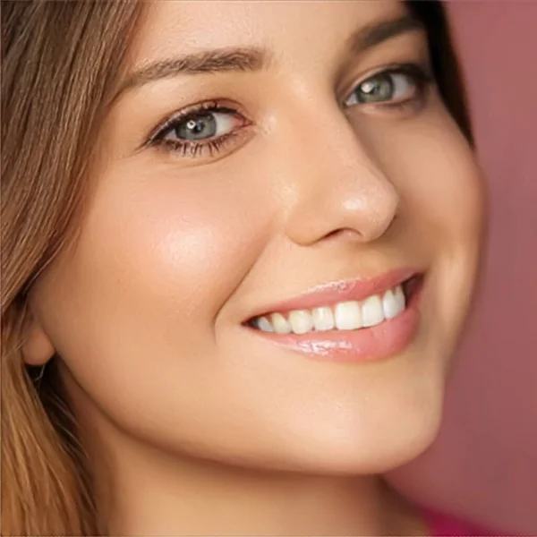 Beauty Makeup Skincare Cosmetics Model Face Portrait Pink Background Smiling — Zdjęcie stockowe