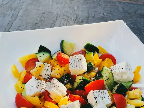Fresh Vegetable Greek Salad Cherry Tomatoes Bell Pepper Cucumber Feta — Stock Photo, Image