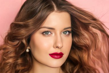 Beauty face portrait, beautiful woman with long wavy hairstyle and chic make-up on pink background, bridal makeup, fashion and glamour model look for skincare, cosmetics and hair care concept