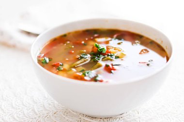Hot vegetable soup in bowl, comfort food and homemade meal concept