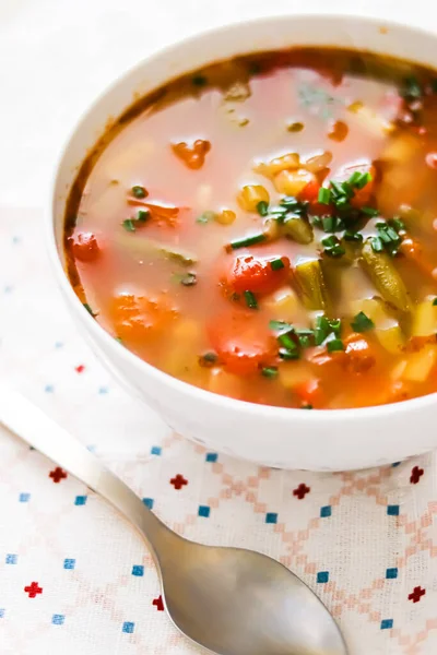 Hot vegetable soup in bowl, comfort food and homemade meal concept