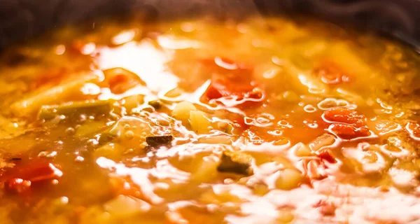 Cooking Vegetable Soup Saucepan Comfort Food Homemade Meal Concept — Stock Photo, Image