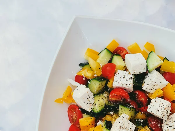 Fresh Vegetable Greek Salad Cherry Tomatoes Bell Pepper Cucumber Feta — Stockfoto