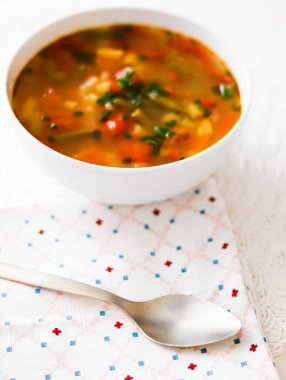 Hot vegetable soup in bowl, comfort food and homemade meal concept