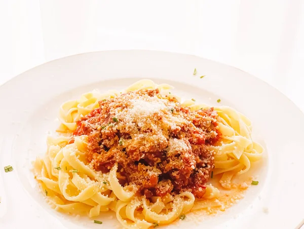 Pasta Bolognese Sauce Parmesan Cheese Homemade Food Dinner Menu Recipe — Fotografia de Stock