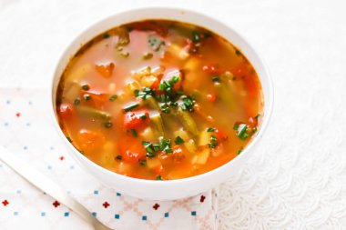 Hot vegetable soup in bowl, comfort food and homemade meal concept