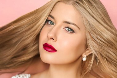 Beauty, makeup and hairstyle, beautiful blonde woman with red matte lipstick make up on pink background as bridal make-up look, fashion and glamour model face portrait for cosmetics, skincare and hair