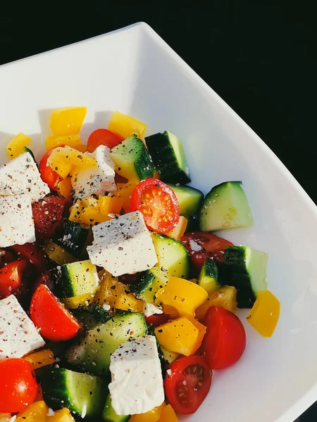 Fresh Vegetable Greek Salad Cherry Tomatoes Bell Pepper Cucumber Feta — Foto de Stock