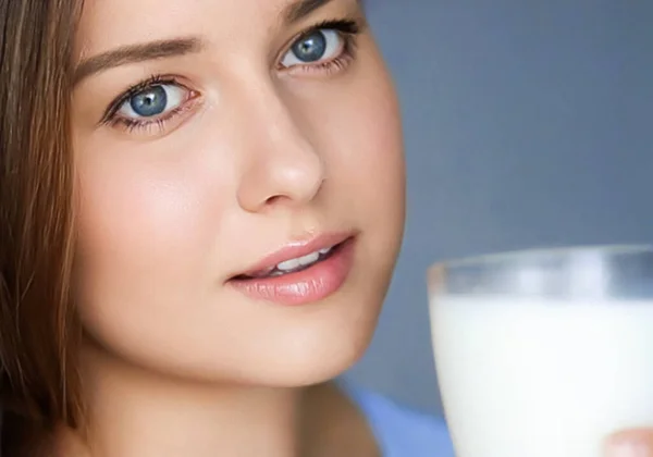 Happy Young Woman Glass Milk Protein Milk Shake Healthy Cocktail — Foto de Stock
