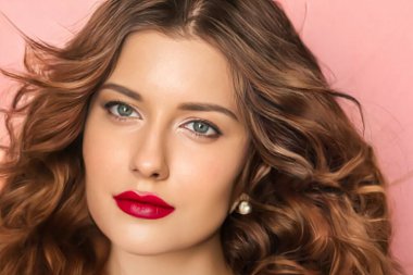 Beauty face portrait, beautiful woman with long wavy hairstyle and chic make-up on pink background, bridal makeup, fashion and glamour model look for skincare, cosmetics and hair care concept