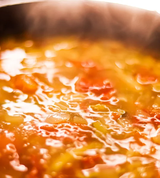 Cooking Vegetable Soup Saucepan Comfort Food Homemade Meal Concept — Stockfoto