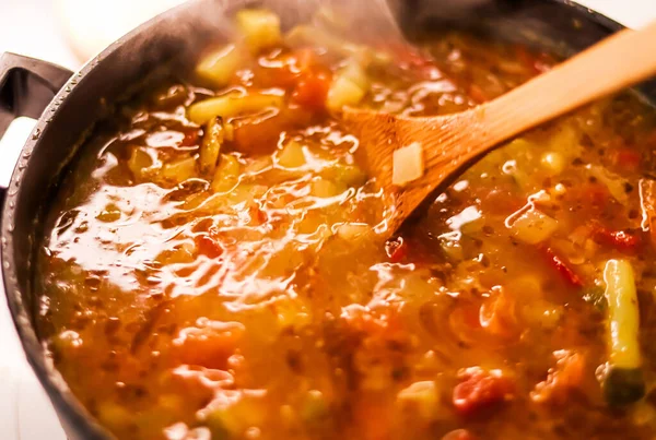 Cooking Vegetable Soup Saucepan Comfort Food Homemade Meal Concept — Stock Photo, Image