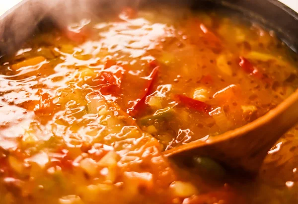 Cooking Vegetable Soup Saucepan Comfort Food Homemade Meal Concept — Fotografia de Stock