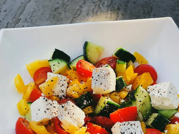 Fresh Vegetable Greek Salad Cherry Tomatoes Bell Pepper Cucumber Feta — стоковое фото